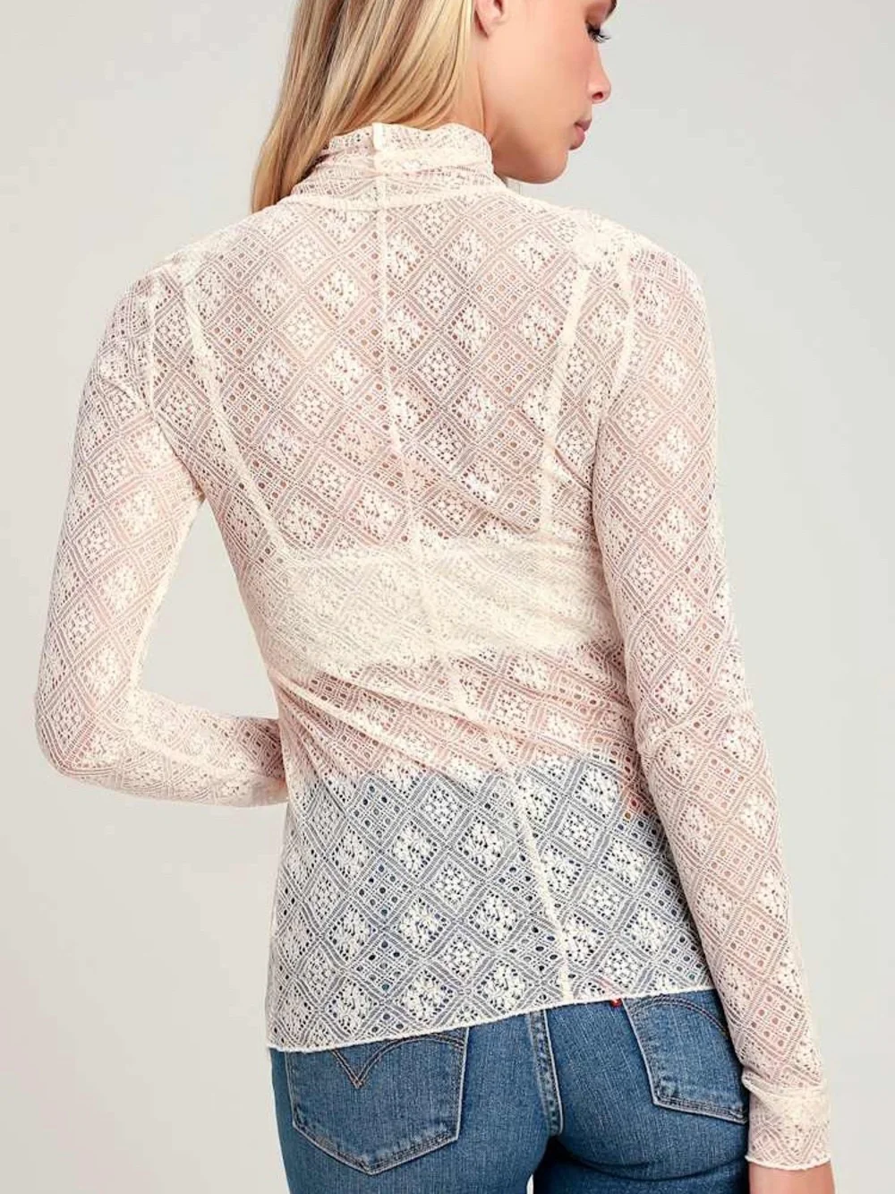 Free People Sheer Lace Turtleneck Top Cream Boho Size S